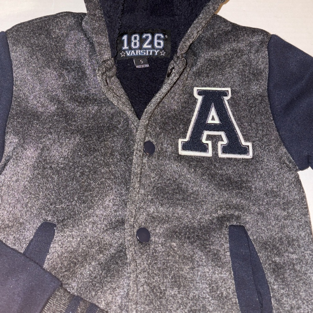 Varsity Hoodie Jacket Gray Navy Boys Size 5